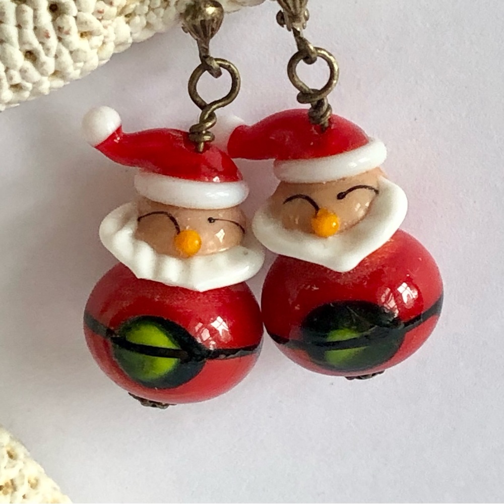 Santa glass lamp work dangle earrings pierced holiday festive Christmas vintage